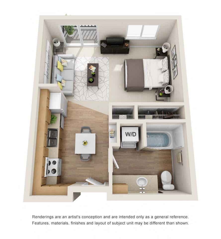 Floor plan for studio, 1 bath, 504 sqft